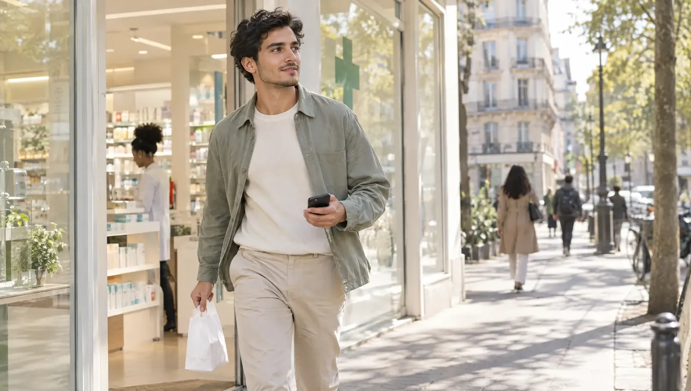 Jeune homme sortant d’une pharmacie avec son sachet et son téléphone, sur un trottoir ensoleillé