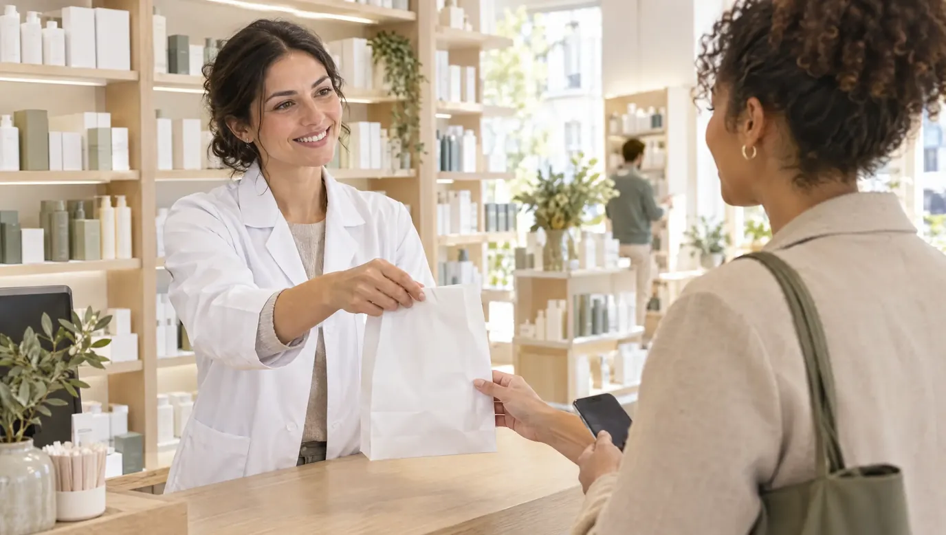 Pharmacienne souriante remettant un sachet au comptoir à une cliente qui tient son téléphone