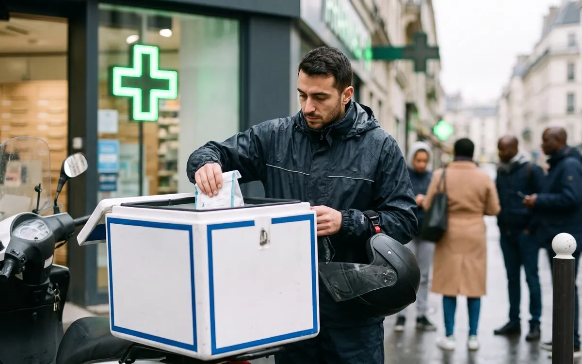 Coursier déposant un sachet de pharmacie dans le coffre de son scooter devant une pharmacie