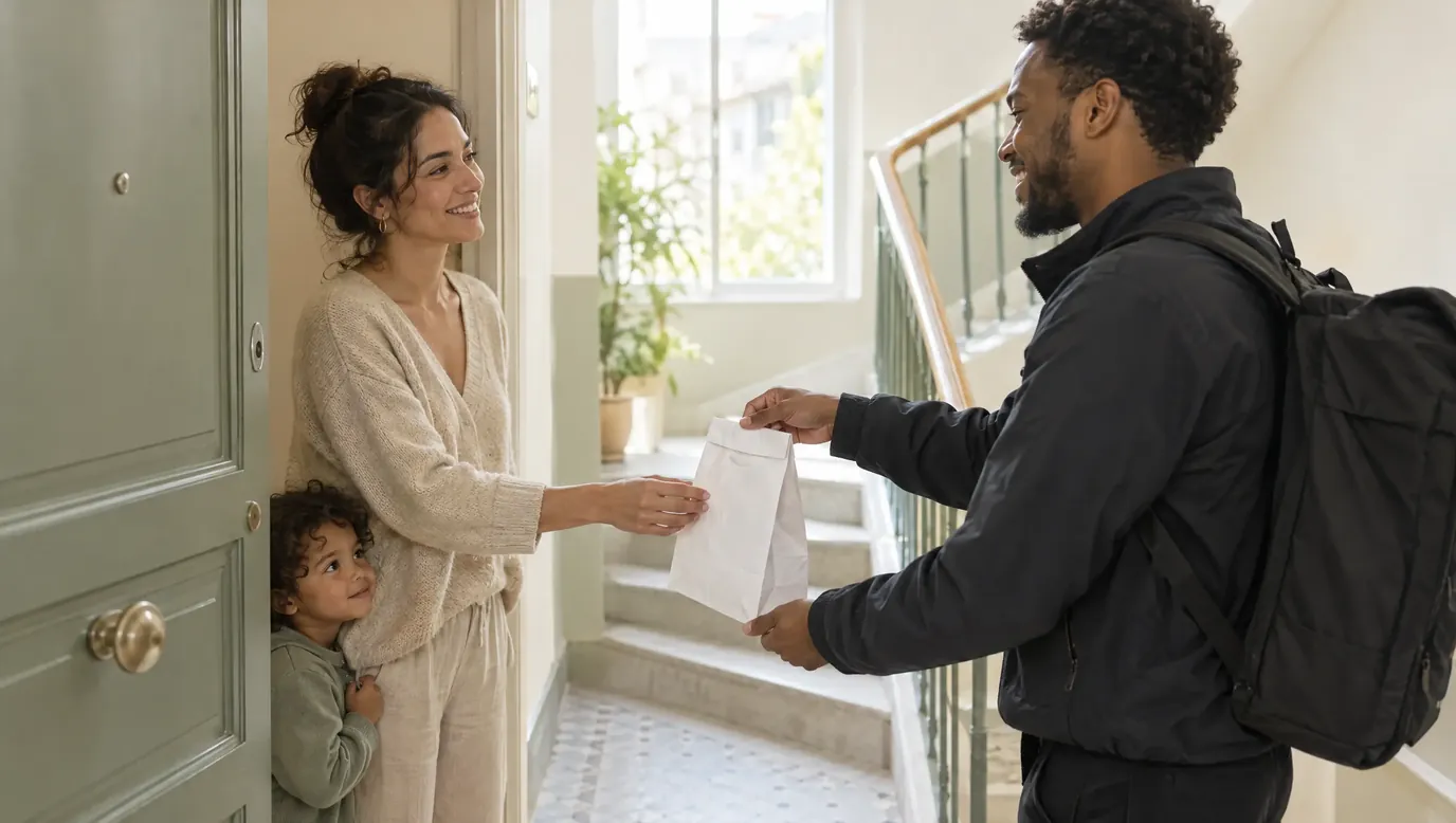 Mère et son enfant à la porte de leur appartement recevant un sachet de pharmacie des mains d’un coursier