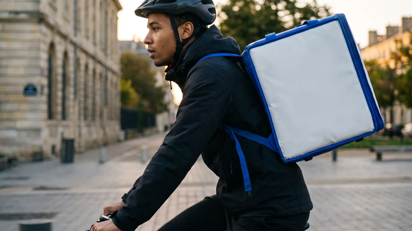 Coursier à vélo avec son sac isotherme, en route entre les immeubles en pierre de taille