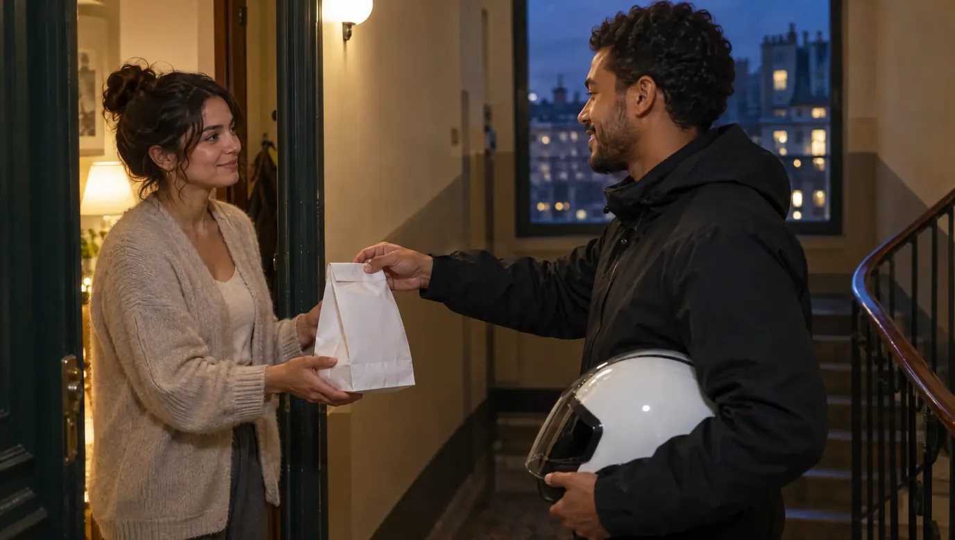 Le soir, une femme reçoit un sachet de pharmacie d’un coursier casque à la main, sur son palier