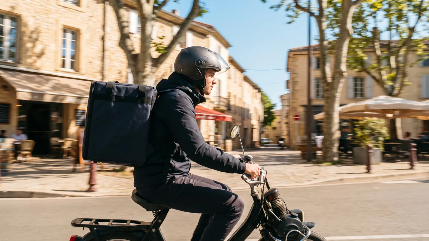 Coursier à scooter avec son sac de livraison dans une rue ensoleillée