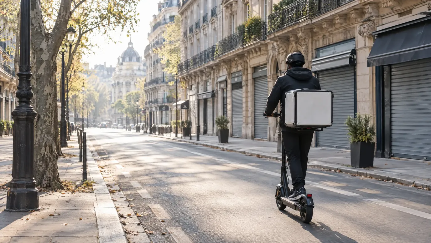 Coursier à trottinette avec un coffre de livraison dans une rue de Paris calme un dimanche matin, rideaux baissés