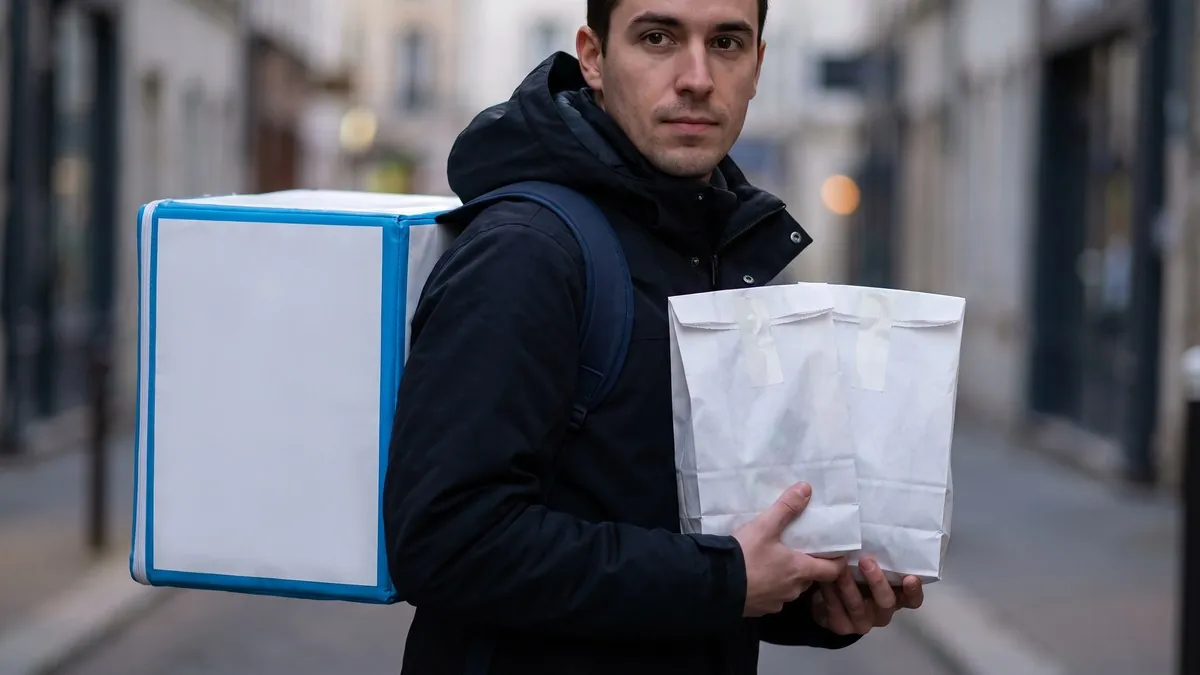 Coursier dans une rue de Paris, sac de livraison au dos et sachets de pharmacie scellés en main