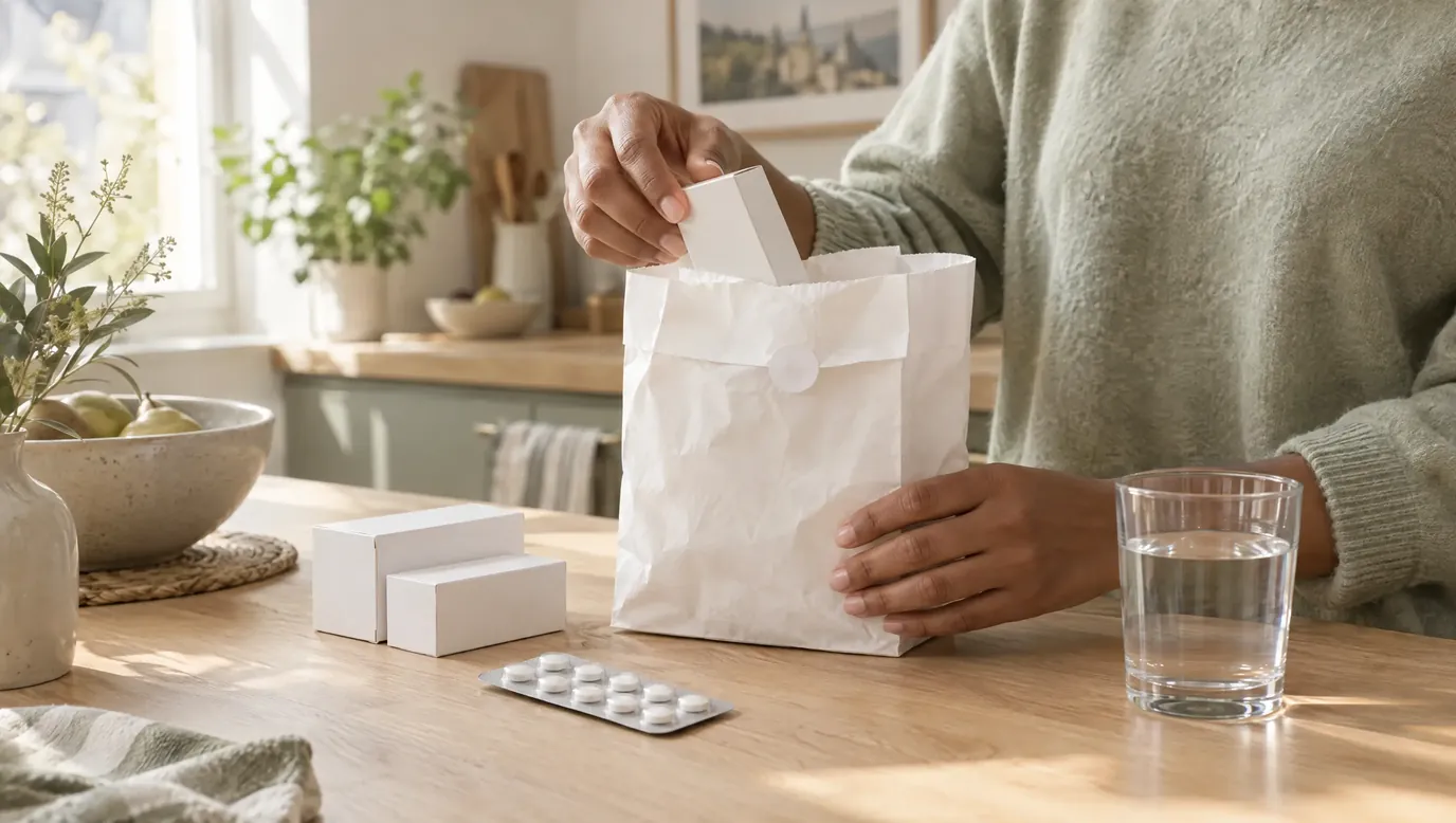 Sachet de pharmacie scellé ouvert sur un plan de travail, boîtes de médicaments, plaquette et verre d’eau