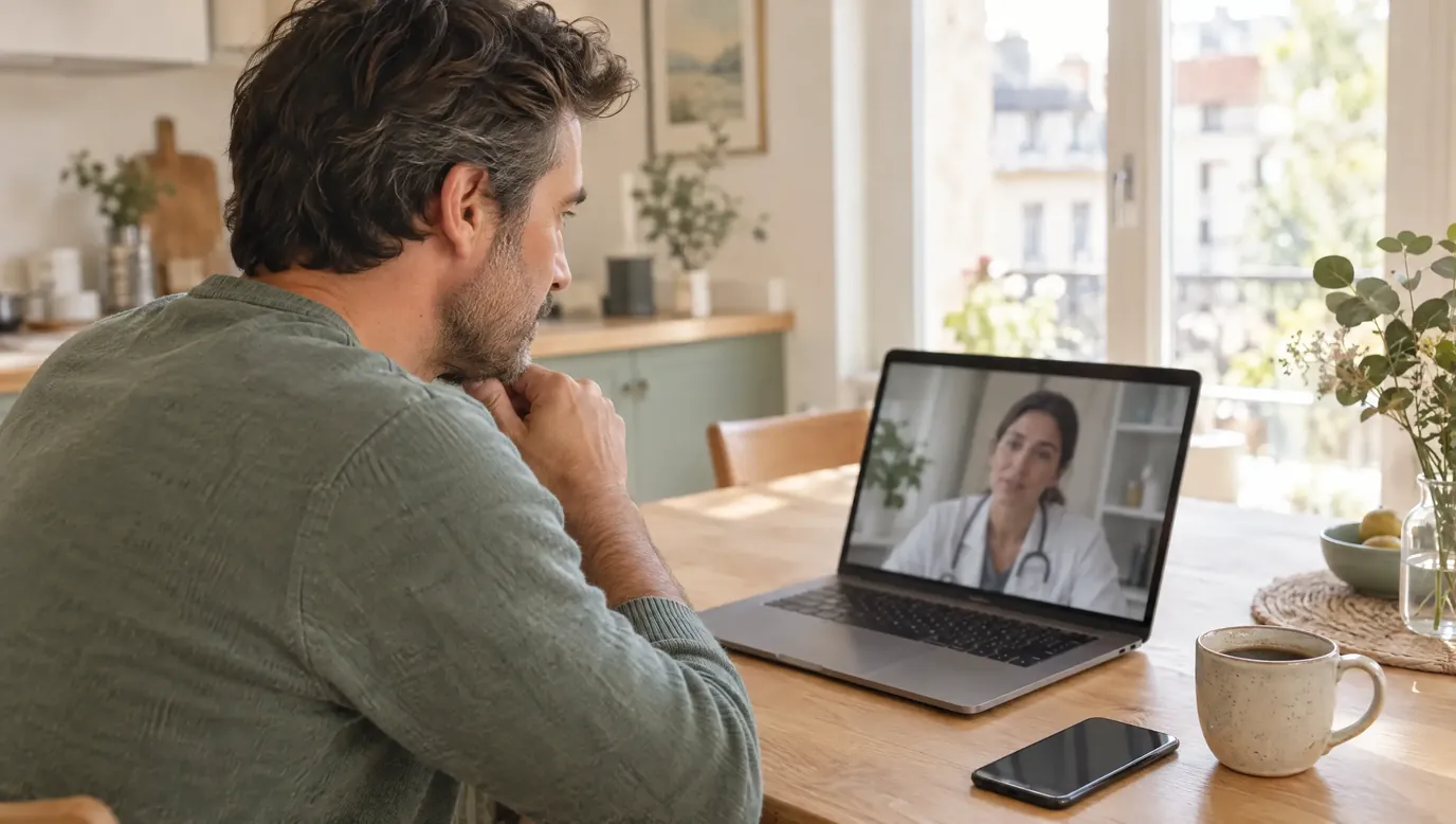Homme en téléconsultation avec une médecin sur son ordinateur, à la table de sa cuisine