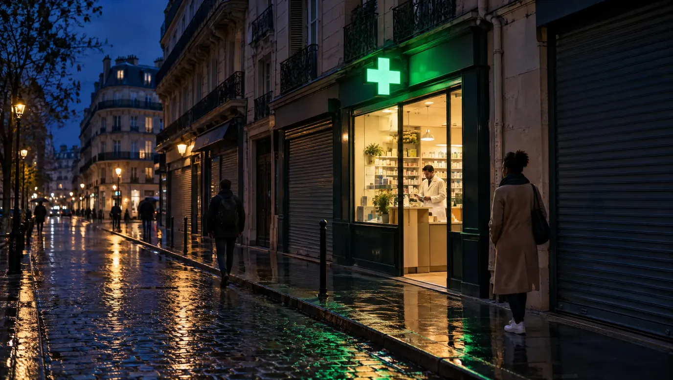 Rue de Paris la nuit sous la pluie : tous les rideaux sont baissés sauf une pharmacie éclairée, croix verte allumée