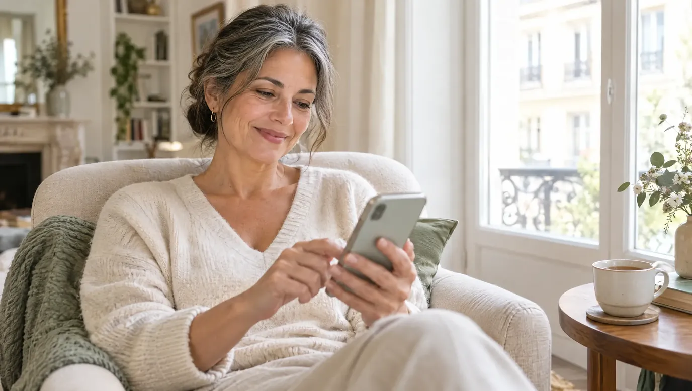 Femme souriante dans un fauteuil près de la fenêtre, consultant une pharmacie sur son téléphone