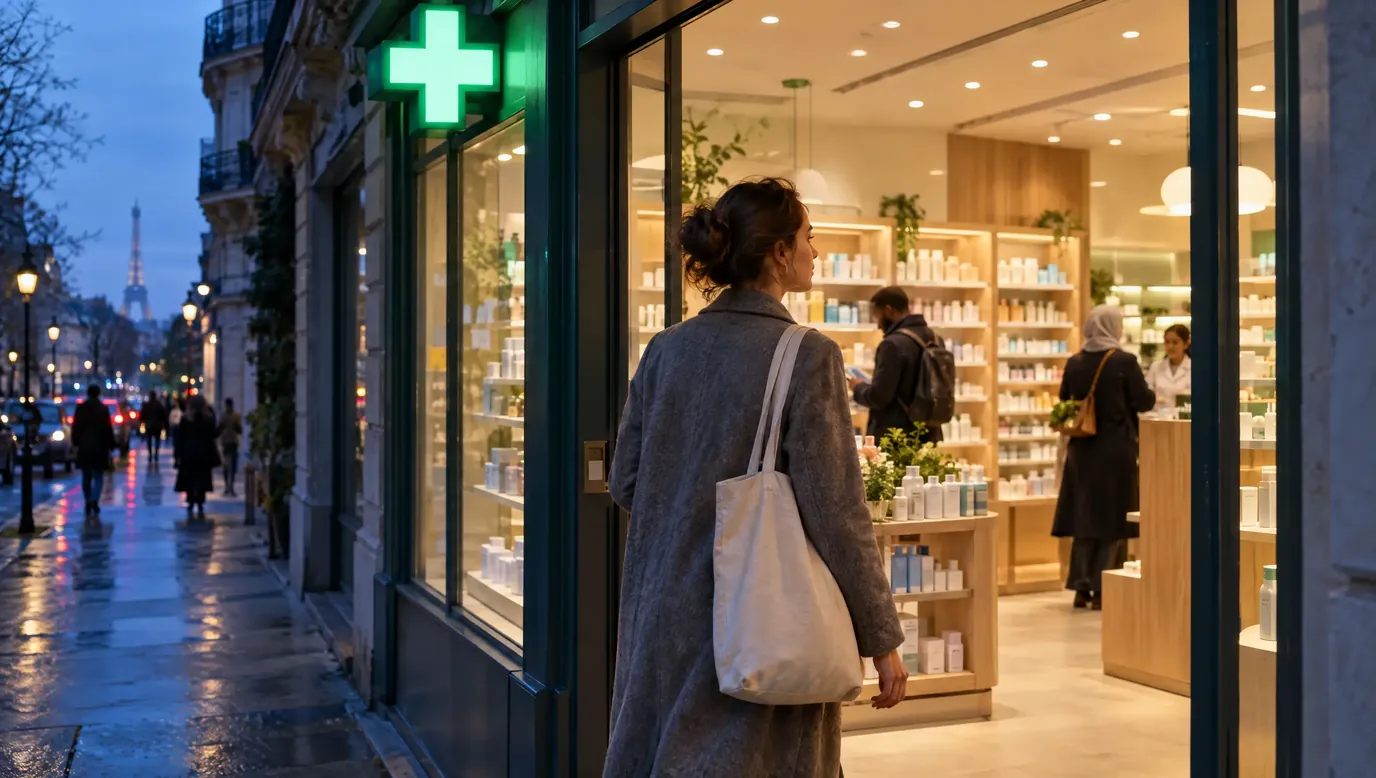 Femme en manteau entrant dans une pharmacie éclairée à la tombée de la nuit à Paris