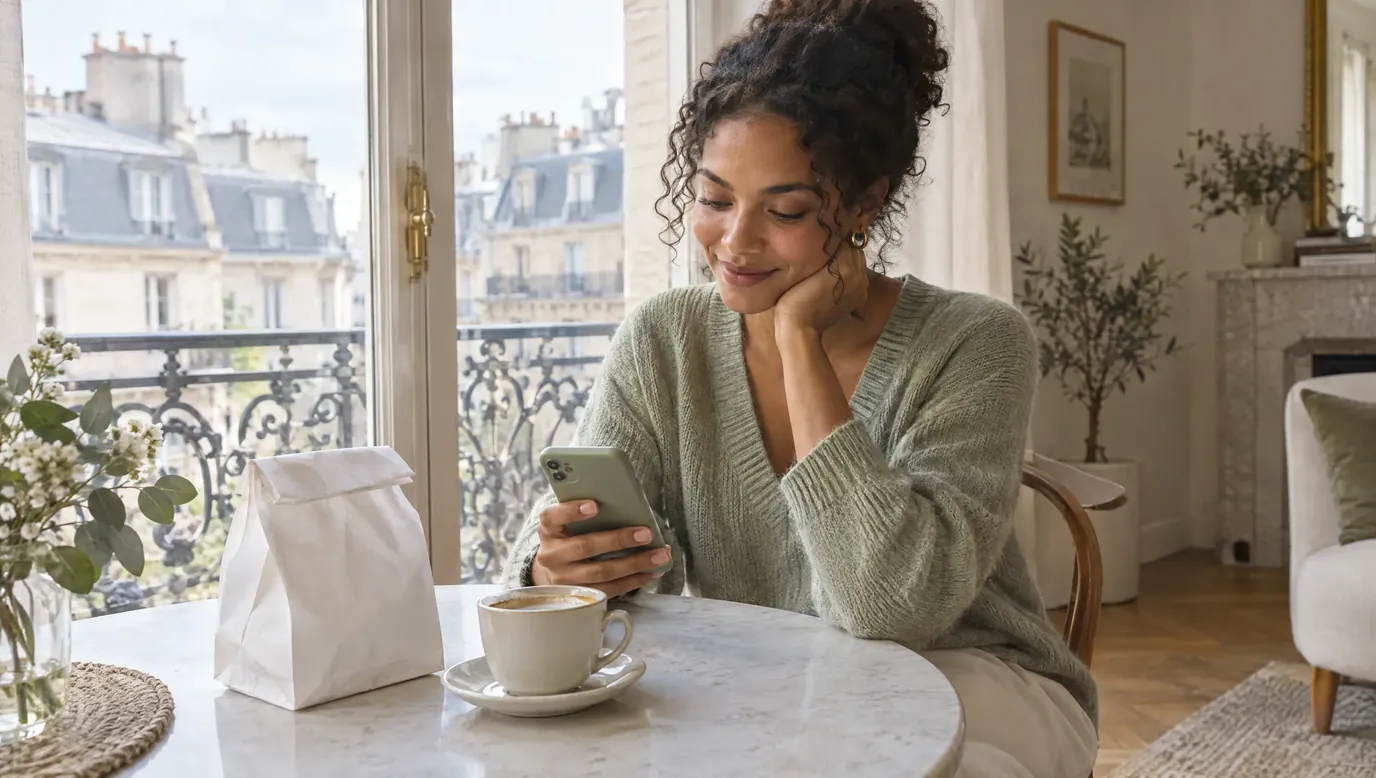 Jeune femme consultant son téléphone à une table de son appartement parisien, sachet de pharmacie et café à côté