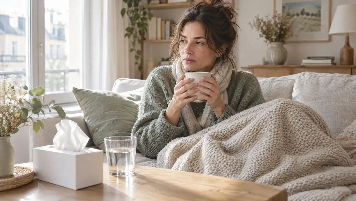 Femme enrhumée sous un plaid dans son canapé, une tasse de tisane entre les mains, mouchoirs et verre d’eau à portée